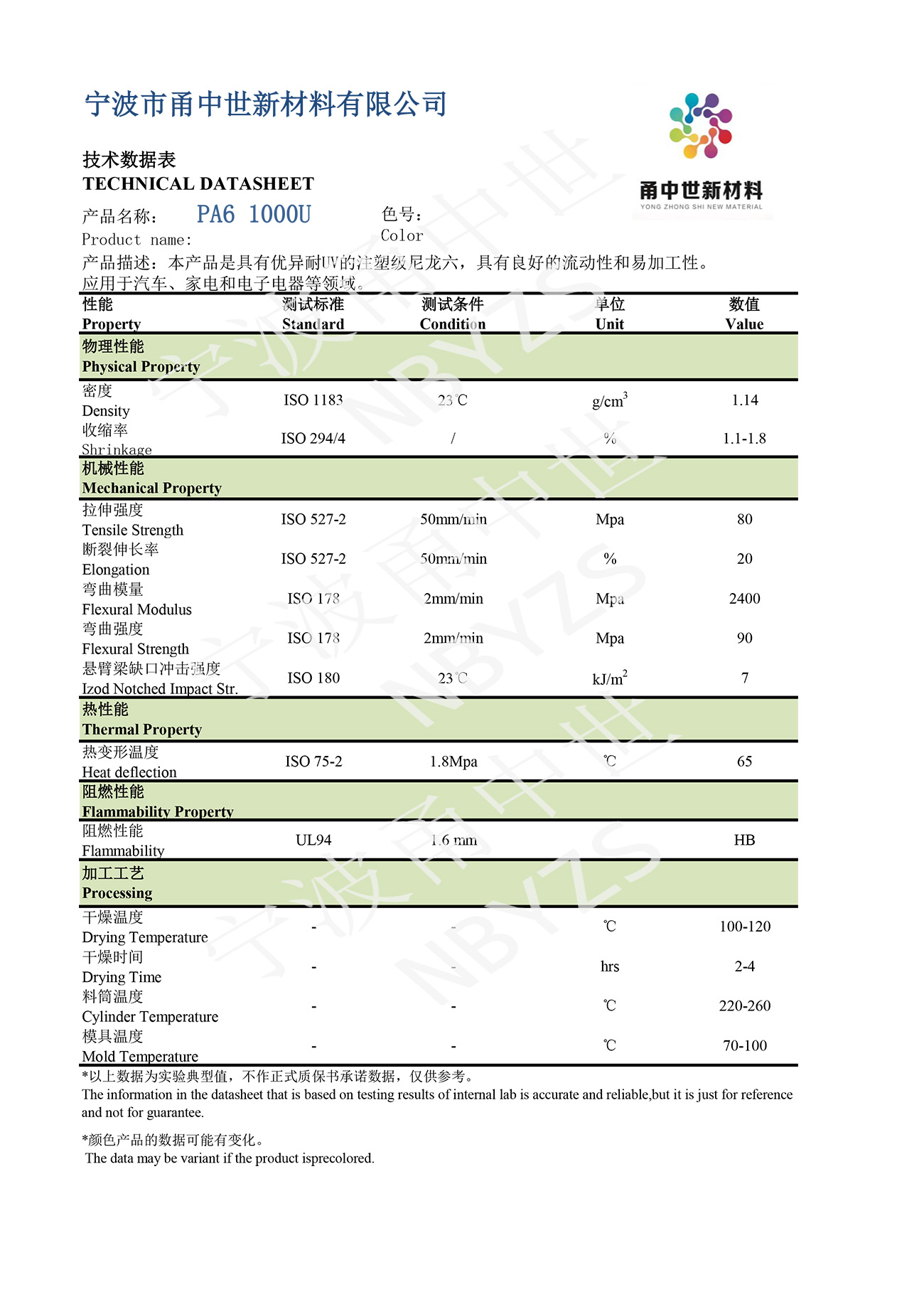 PA6 1000U技術數據表