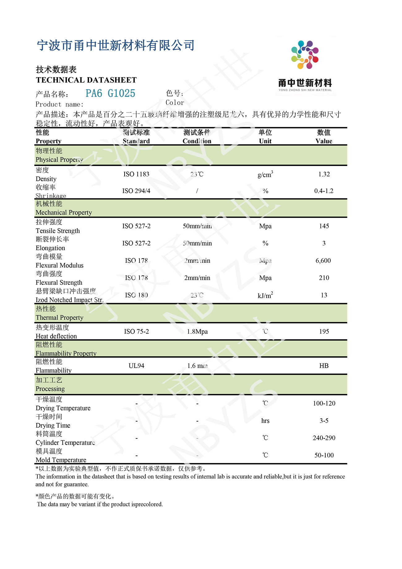 PA6 G1025技術數據表
