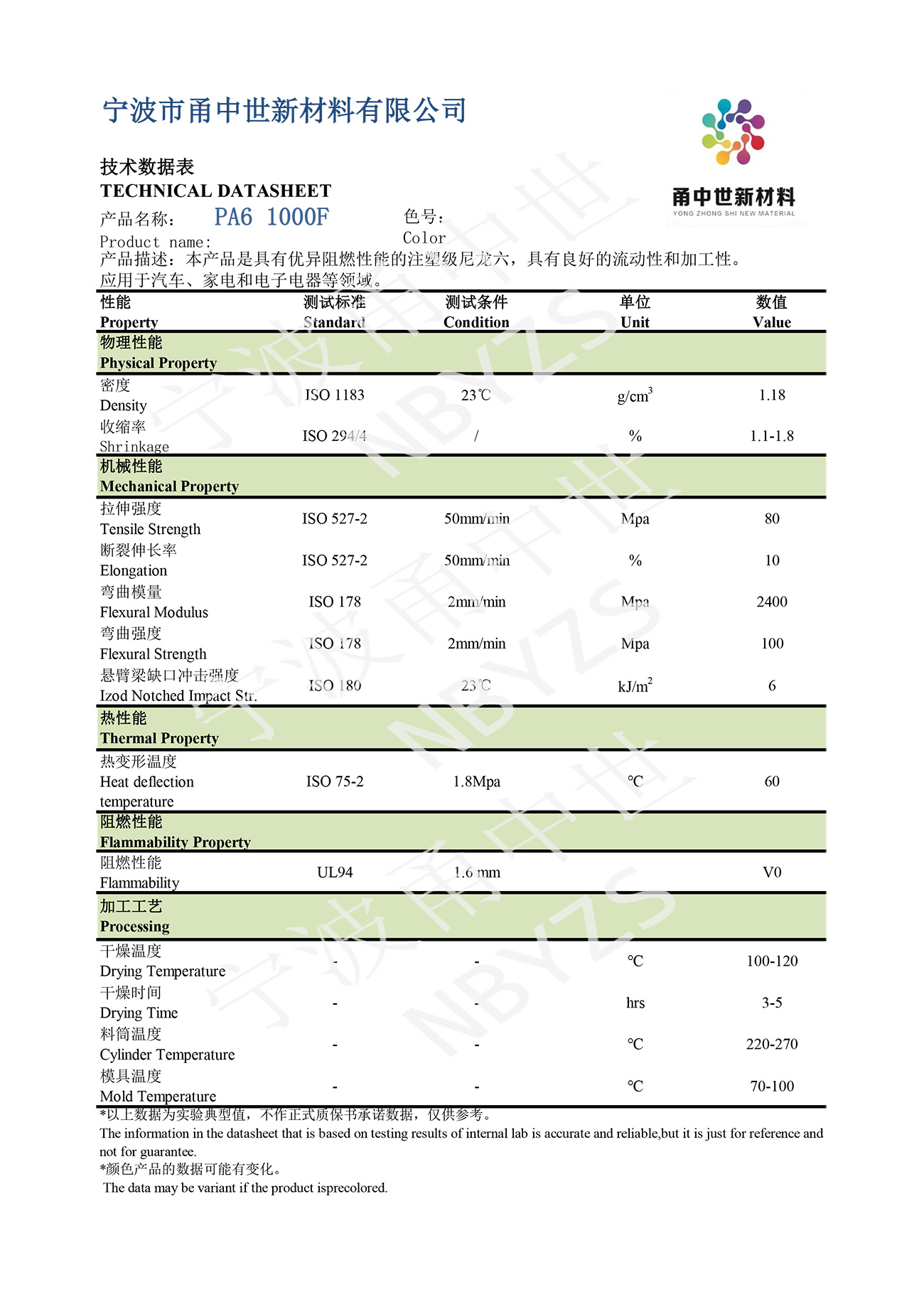 PA6 1000F技術數據表